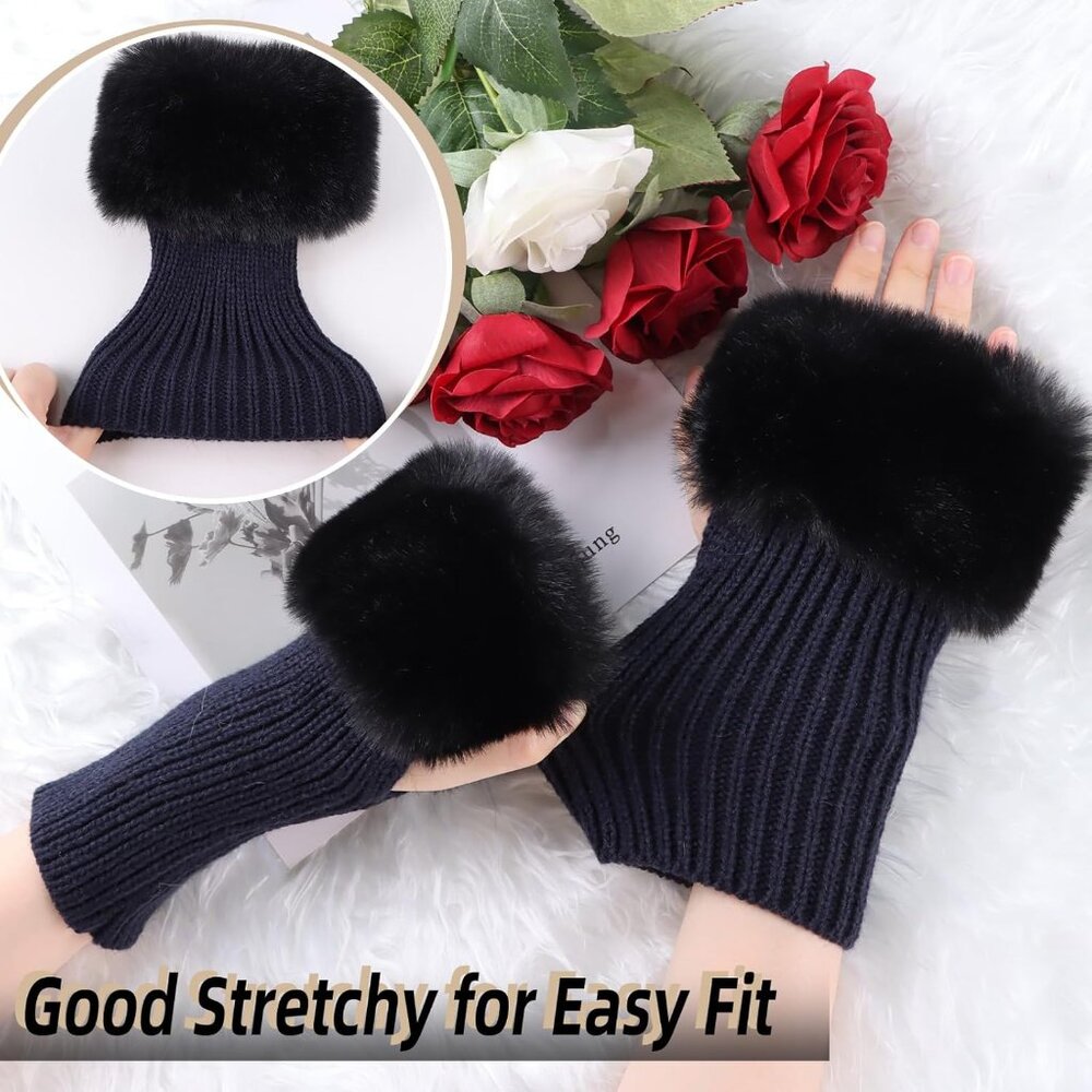 Women's Blue Knitted Fingerless Faux Fur Wrist Cuff Thumb Hole Warmers Gloves - Picture 3 of 6